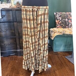 Zachi Vintage Striped Plaid Button Front Maxi Skirt Brown Tan Sage Rayon Small